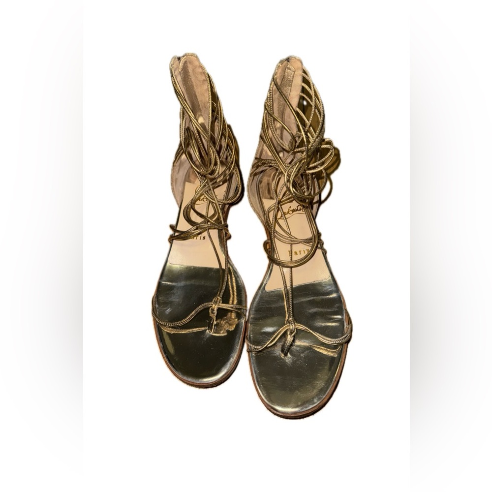 Christian Louboutin Blanca Flat Sandal Shoe Metallic Gold Gladiator Glitter